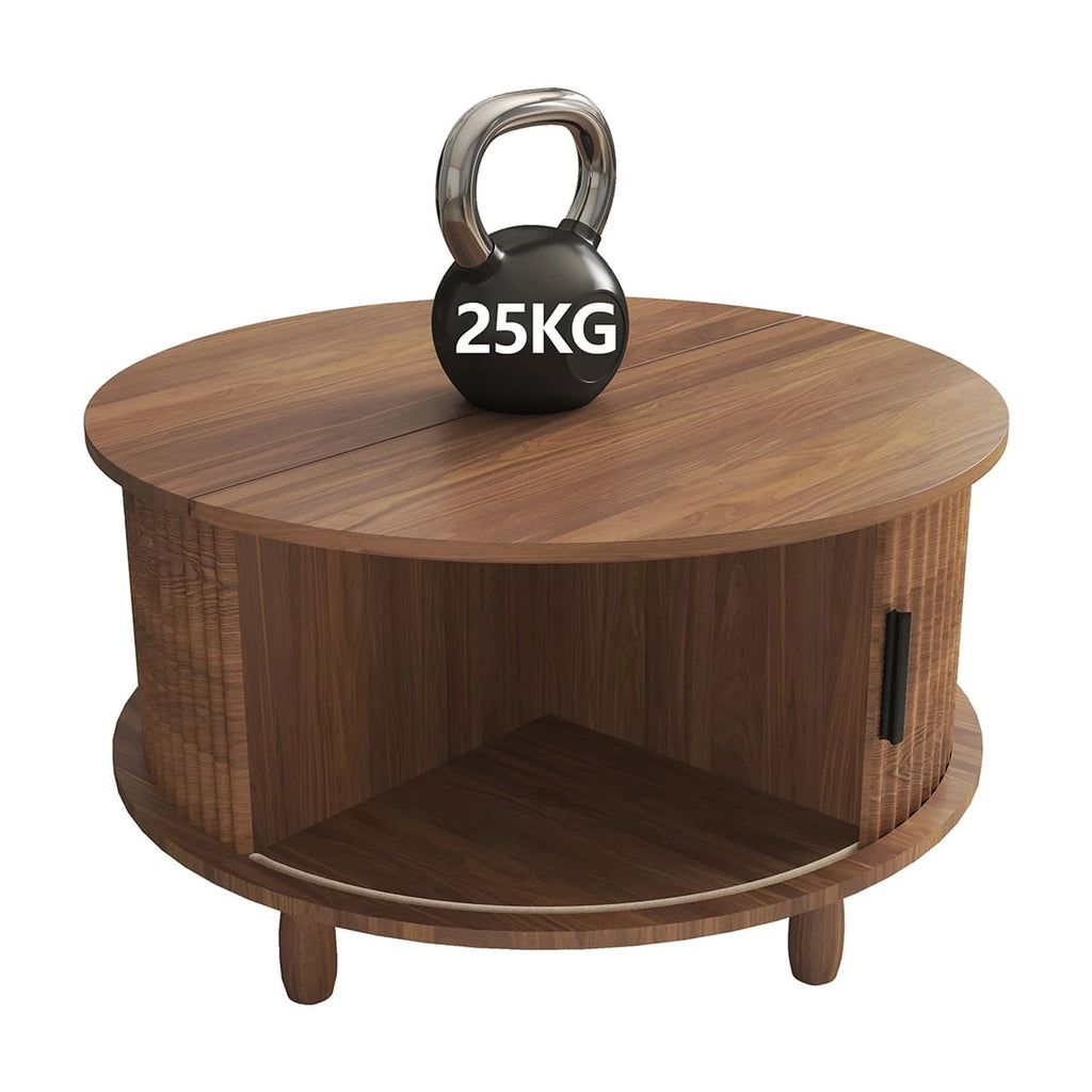 RUMLIVE Round Coffee Table with Storage, 30.7" Modern Coffee Table with 360 Curved Sliding Door, Fluted Wood Coffee Table with Footpads, Round Center Table for Living Room, Black