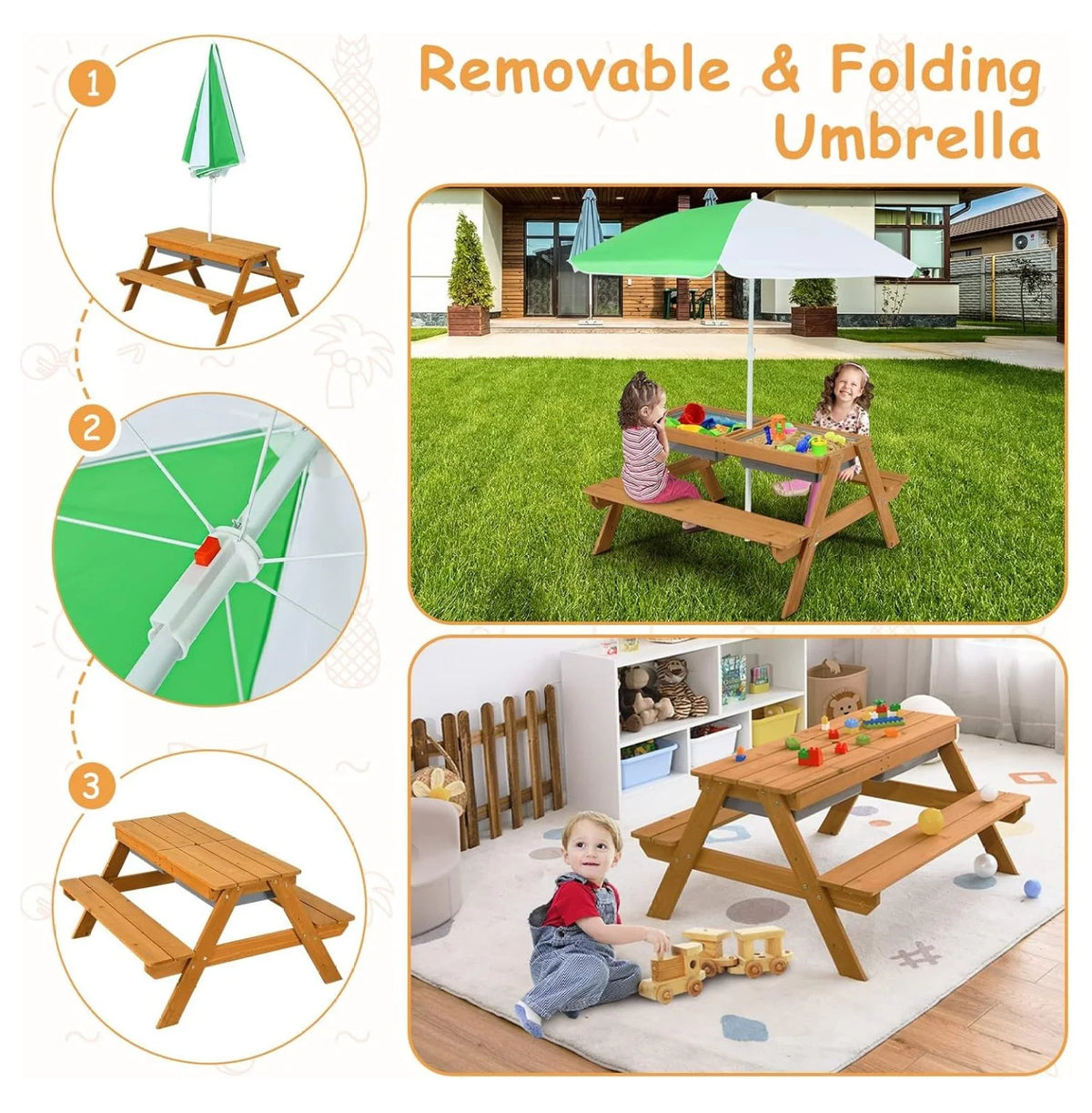 Kids Picnic Table, 4-in-1 Cedar Wooden Sand & Water Table w/ Umbrella, Outdoor Patio Furniture Set for Toddlers, Backyard Garden Play
