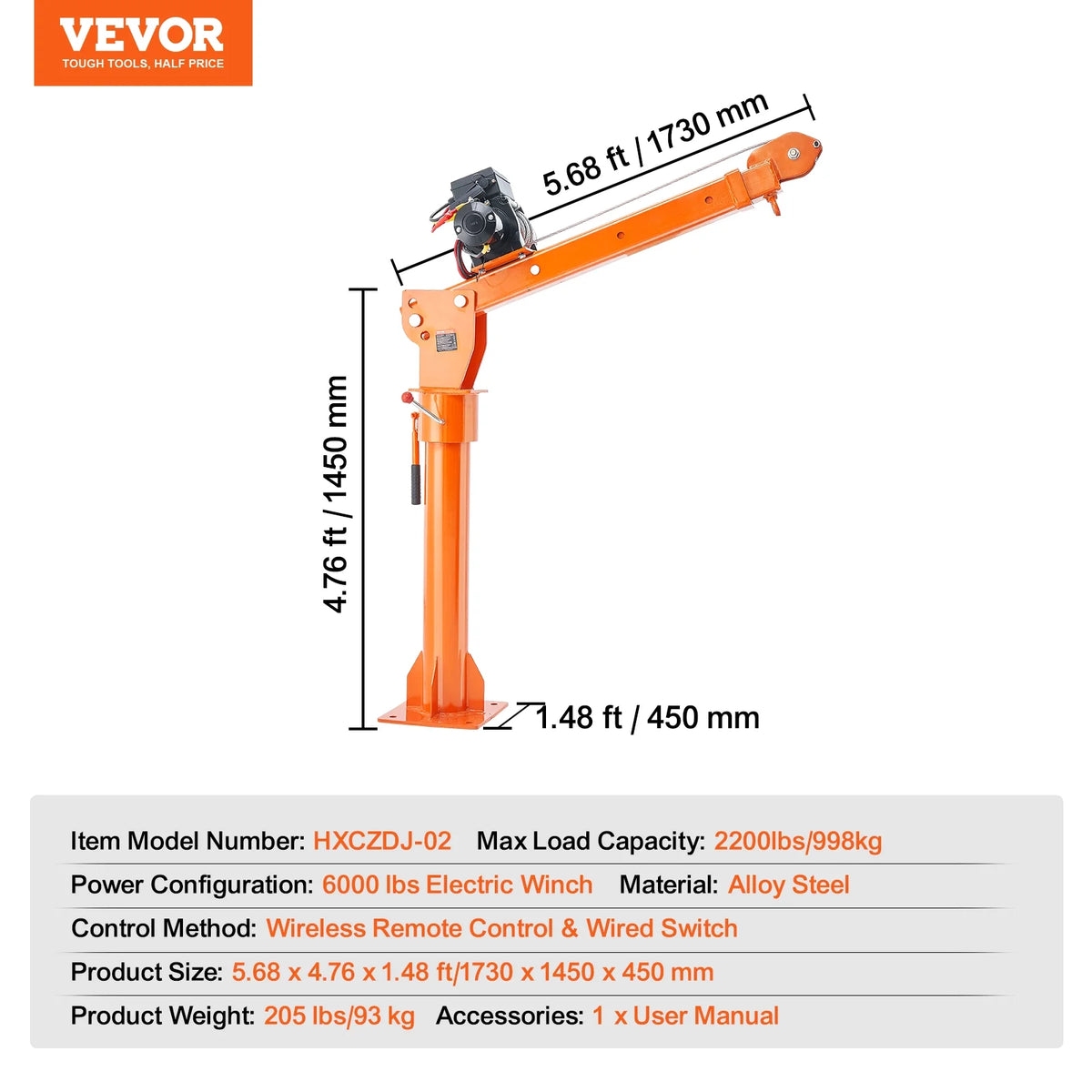 VEVOR Electric Pickup Truck Crane, 2200 lbs, Folding Truck-Mounted Bed Crane with Electric Winch 6000 lbs, Steel Pickup Truck Jib Crane Hoist 360 Swivel for Lifting Goods in Construction, Factory