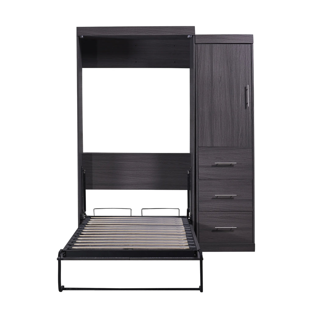 Euroco Wood Full Size Murphy Wall Bed with Wardrobe and Drawers for Living Room, Moveable Wardrobe and Drawers, Space-Saving & Easy Open and Close for Kids Teens Adults, Gray