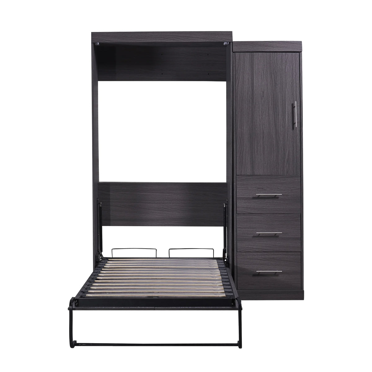 Euroco Wood Full Size Murphy Wall Bed with Wardrobe and Drawers for Living Room, Moveable Wardrobe and Drawers, Space-Saving & Easy Open and Close for Kids Teens Adults, Gray