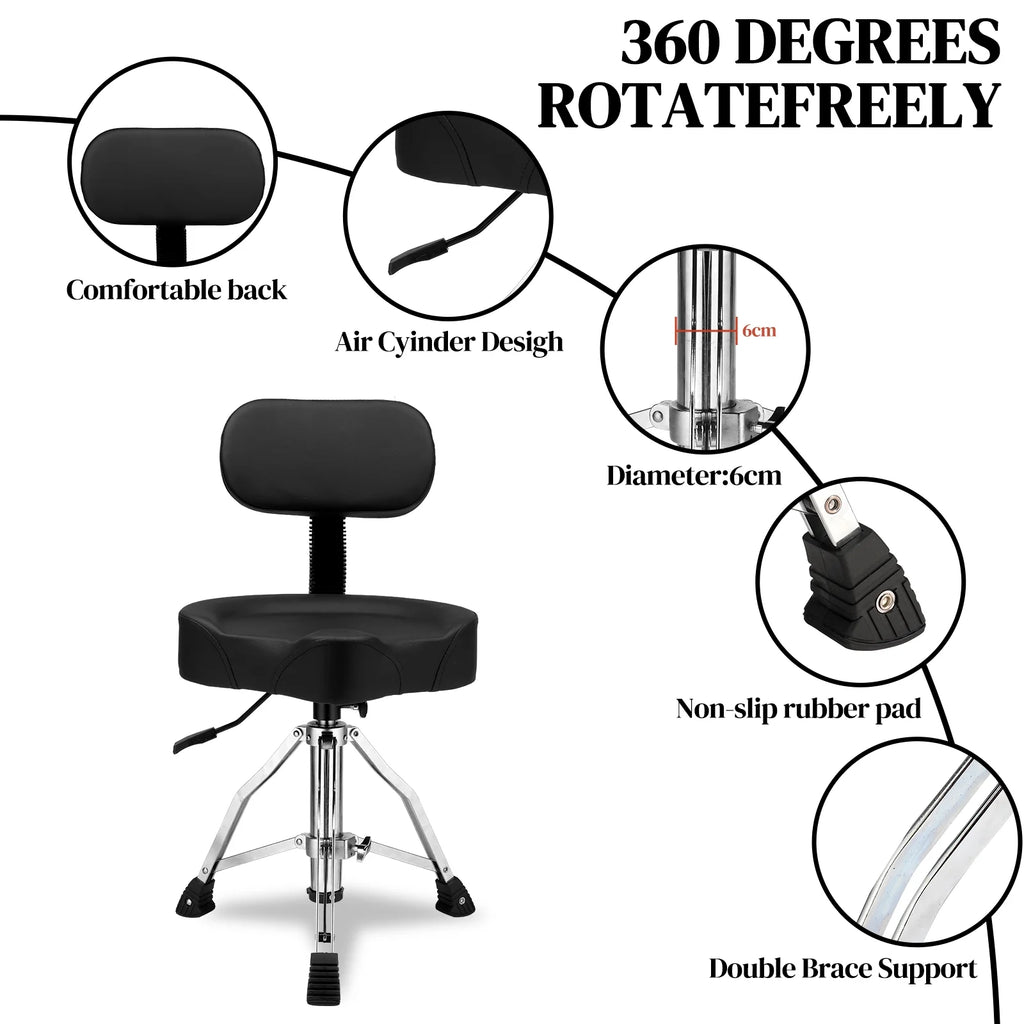 Ktaxon Adjustable Drum Throne with Backrest, 360 Rotating Hydraulic Seat, Thick Cushion for Home, Classroom, and Concert Use, Black