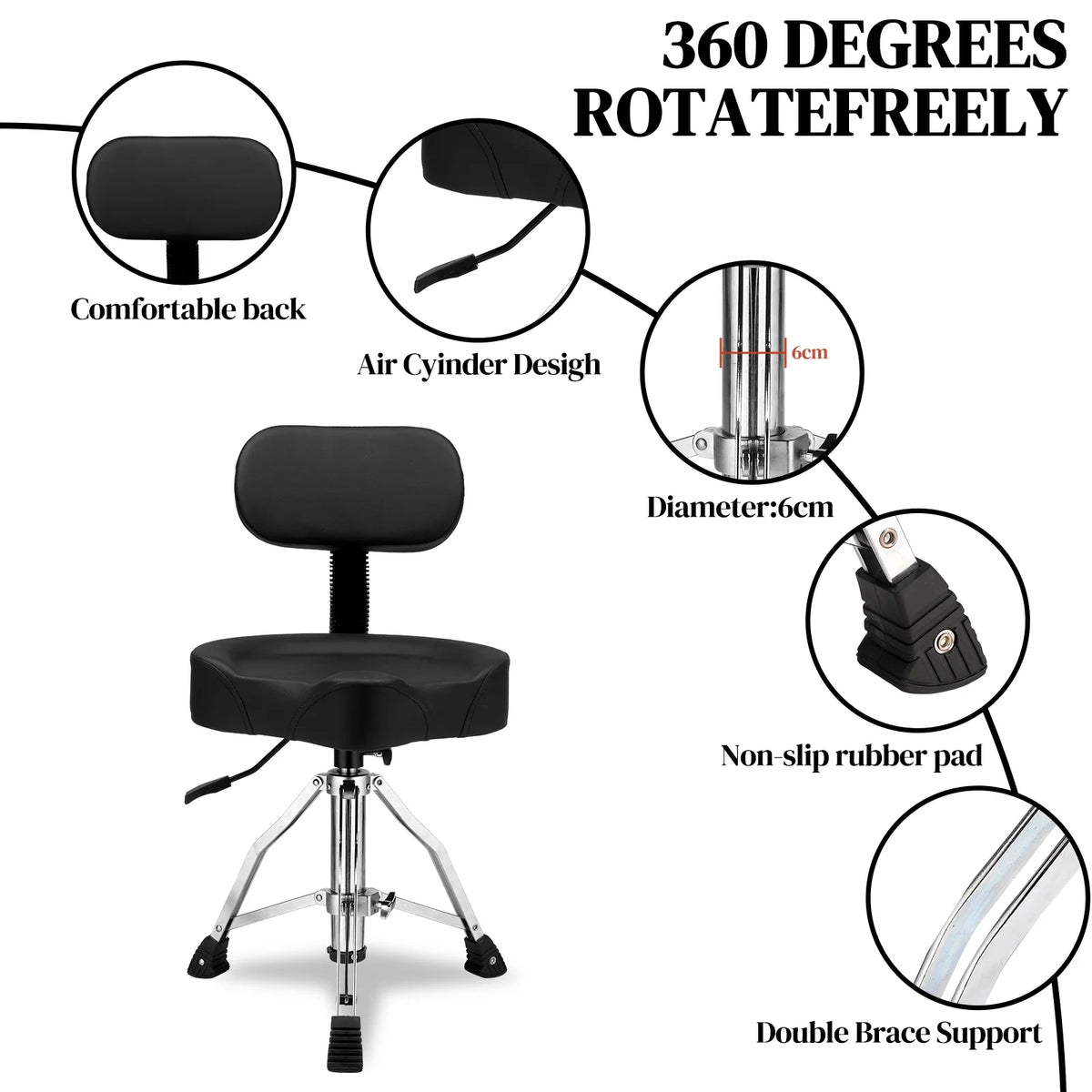 Ktaxon Adjustable Drum Throne with Backrest, 360 Rotating Hydraulic Seat, Thick Cushion for Home, Classroom, and Concert Use, Black