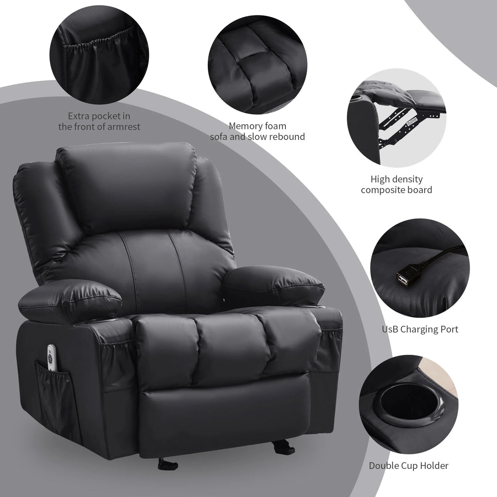 JONPONY Manual Recliner Chair with Heat Therapy and Massage Function, Heavy Duty Reclining Mechanism Massage Chair, Elderly Single Rocker Sofa with Cup Holders for Bedroom Home Theater,Black