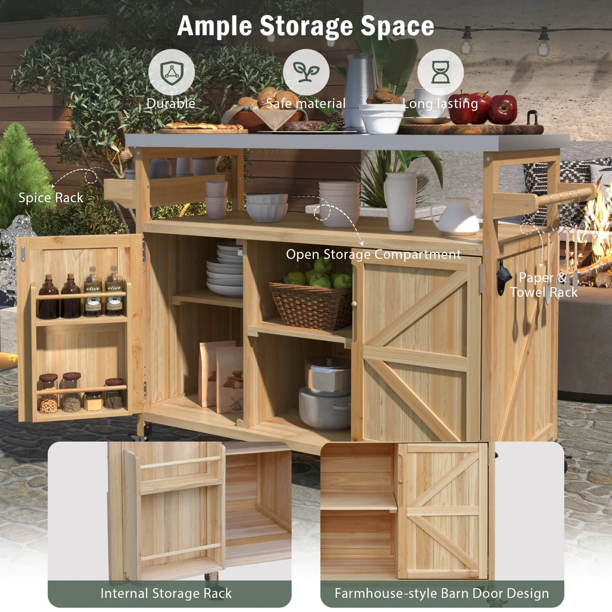 Outdoor Kitchen Island with Rolling Bar Cart and Storage Cabinet, Farmhouse Solid Wood Outdoor Grill Table with Stainless Steel Top, Spice Rack and Towel Rack for Kitchen & BBQ, Natural