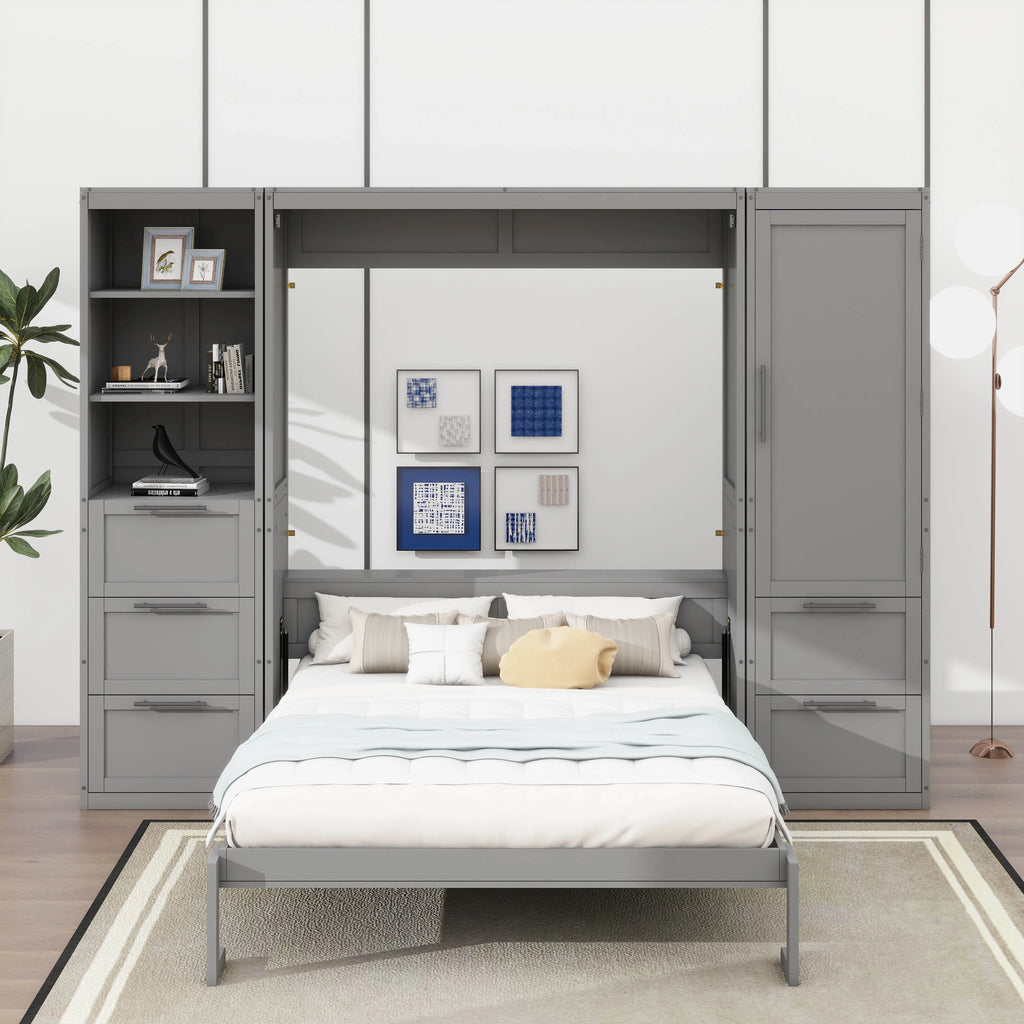 YunNianYang Queen Size Gray Murphy Bed Wall Bed with Closet ,Drawers and Shelves
