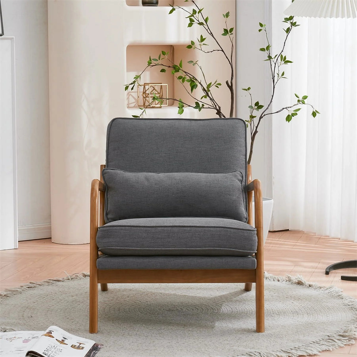Modern Accent Chair, Upholstered Armchair with Wood Frame, Bronzing Cloth Single Sofa Chair with Lumbar Pillow for Living Room Bedroom Apartment, Orange