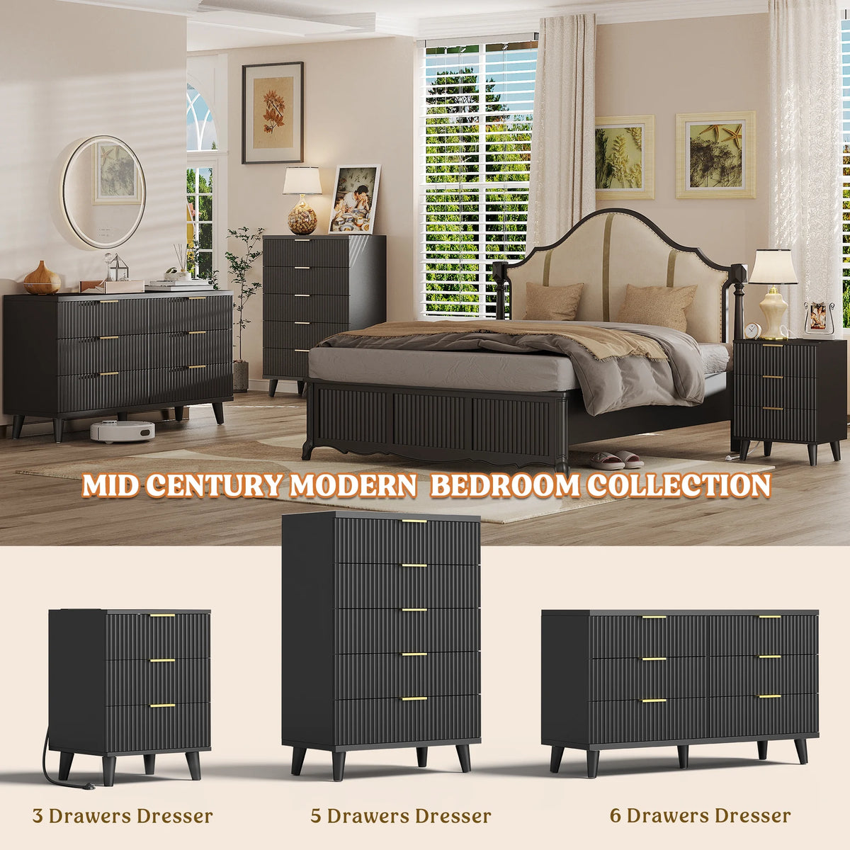 GIKPAL Night Stands for Bedroom, Modern Bedside Table with 3 Drawers & Charging Station,Fluted Panel End Tables for Bedroom  & Living Room, Natural