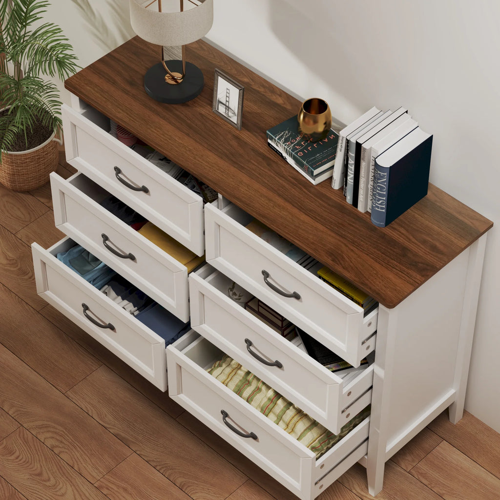 White Dresser, Lofka 6 Drawer Dresser for Bedroom, Chests of Drawers for Living Room, White Brown