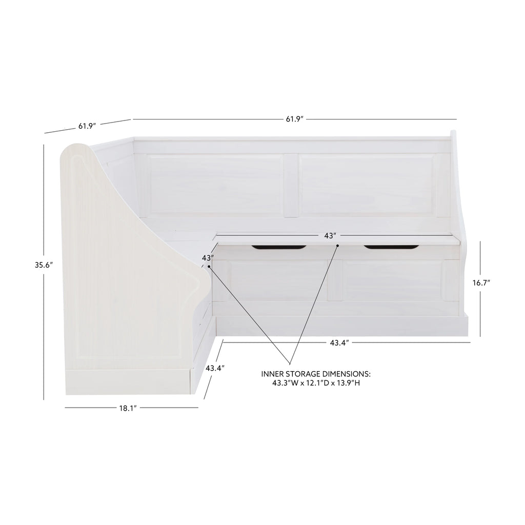 Linon Tobin Casual Wood Corner Dining Breakfast Nook Bench with Storage, White