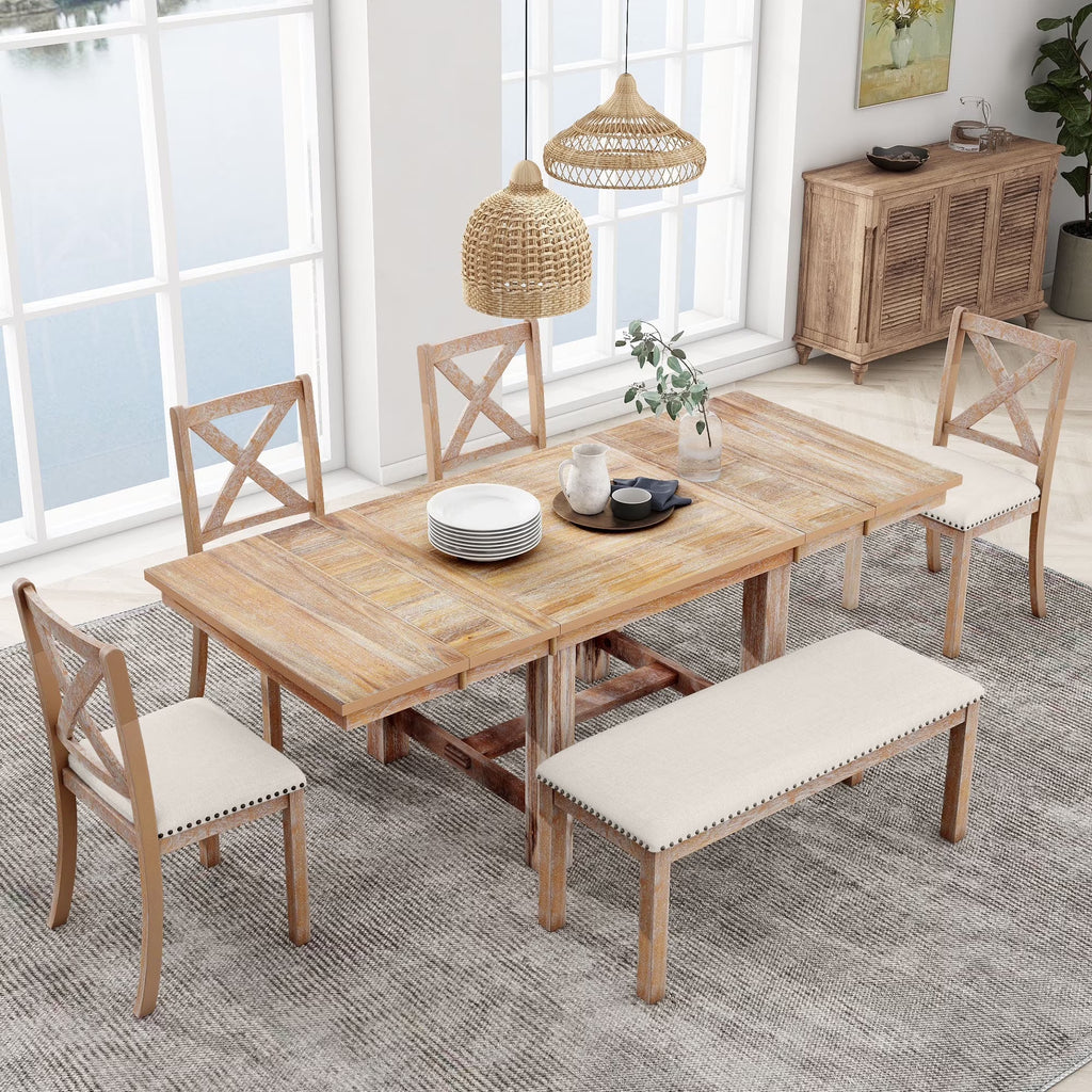 MODERNLUXE 82"Farmhouse 6PCS Dining Table Sets for 6,Solid Wood Dining Table Set with Extendable Table with Footrest and Two 11"Removable Leaf,4 Upholstered Chairs and Longer Upholstered Bench