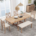MODERNLUXE 82"Farmhouse 6PCS Dining Table Sets for 6,Solid Wood Dining Table Set with Extendable Table with Footrest and Two 11"Removable Leaf,4 Upholstered Chairs and Longer Upholstered Bench
