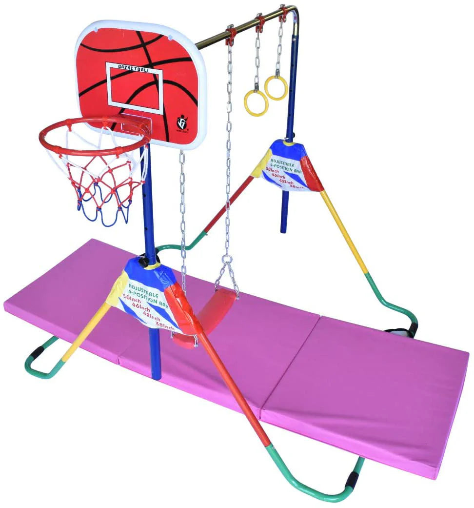 Adjustable Height Gymnastics Bar for Kids Kip Bar 6 in 1 Set, 6'x2' Gymnastic Tumble Mat, Swing Seat, 2 Trapeze Rings, Basketball Hoop, Home Junior Training Monkey Bars Fitness Balance Horizontal Bar