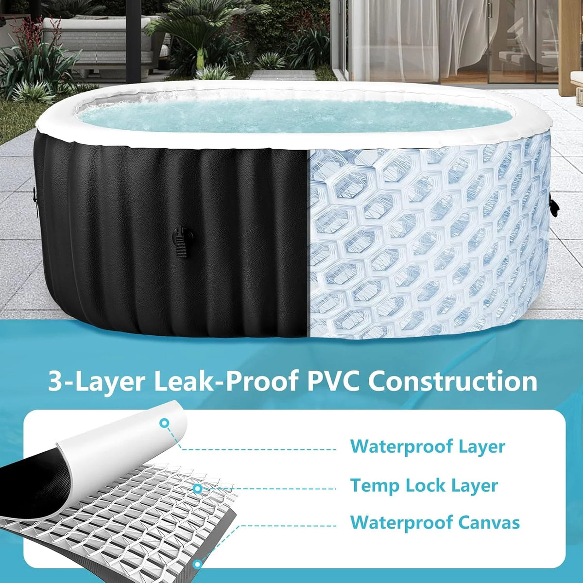 4-6 Person Inflatable Hot Tub, Large Polygon Portable Blow up Hot Tub, Leak-Proof PVC Outdoor Spa with 130 Air Jets, Insulated Cover and Heater Pump, 77 X 77 X 25