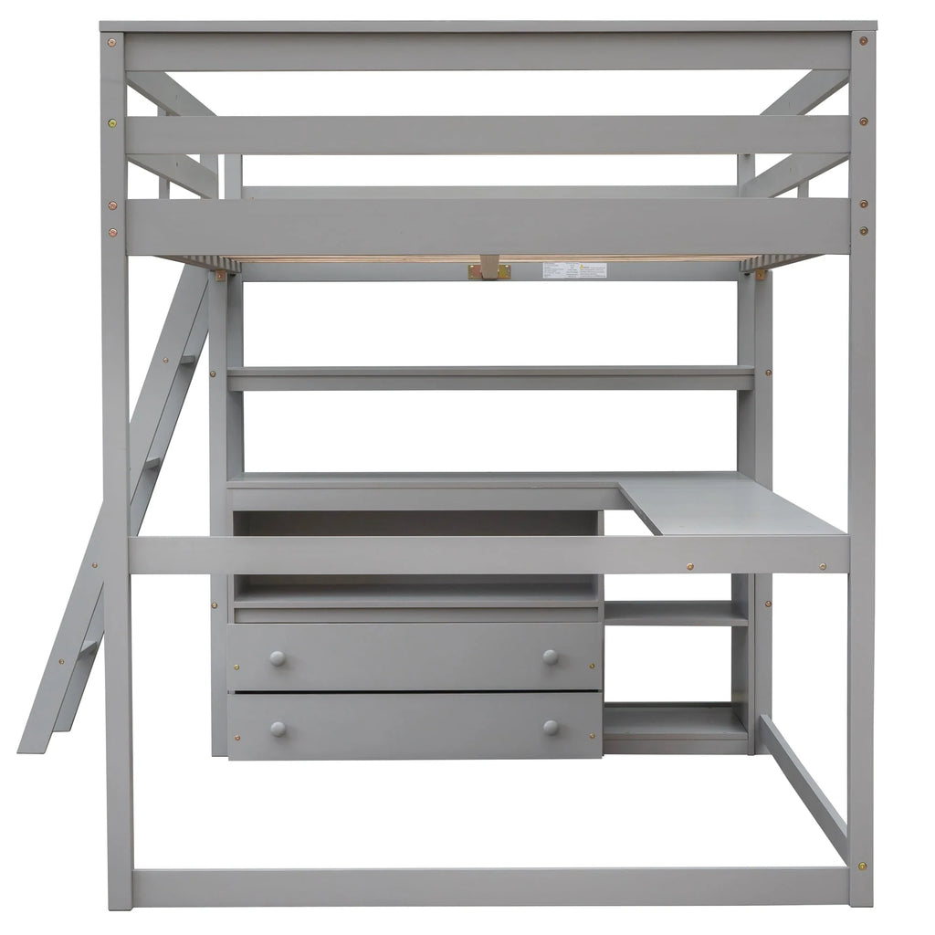 Euroco Full Size Wood Loft Bed with Desk, Shelves and Cabinets for Kids Room, Incline Ladder and 3 Drawers, Gray