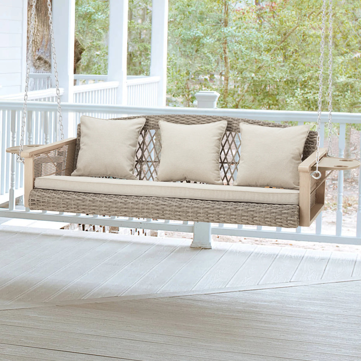 Homrest 3-Person Porch Swing 55in Wicker Hanging Swing Bench with Cushions and Cupholders for Deck, Garden and Backyard, Beige