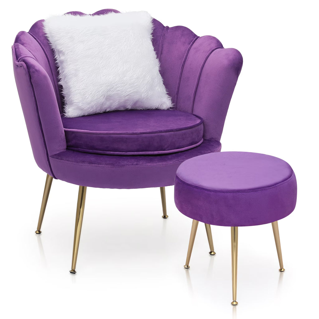 MoNiBloom Set of 2 Velvet Tufted Accent Chair with Pillow and Stool, Upholstered Modern Single Sofa Side Chair with Padded Seat and Golden Metal Legs, Living Room Armchair, Black