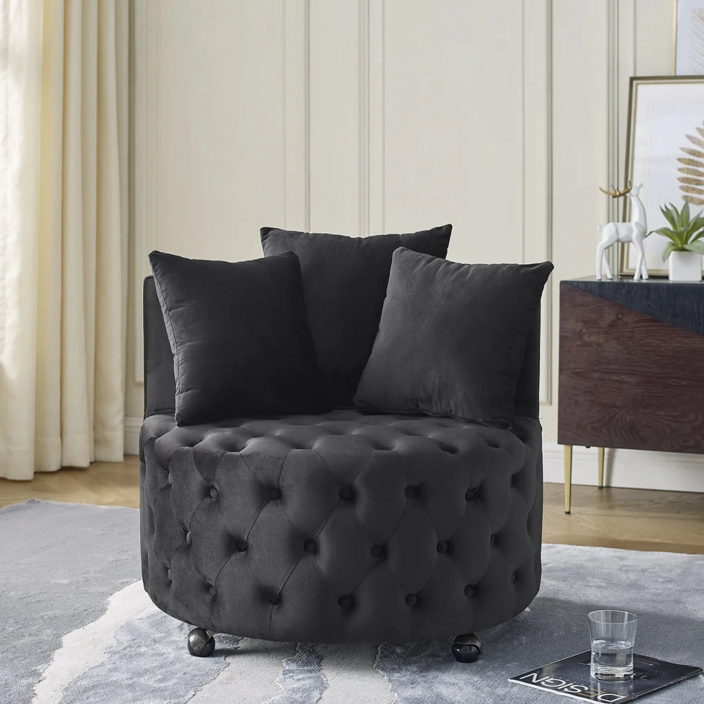 Swivel Barrel Chair, Modern Velvet Upholstered Lounge Chair with Button Tufted Design and Movable Wheels, Round Club Chair with 3 Pillows for Bedroom, Living Room, Lounge, Hotel. Black.