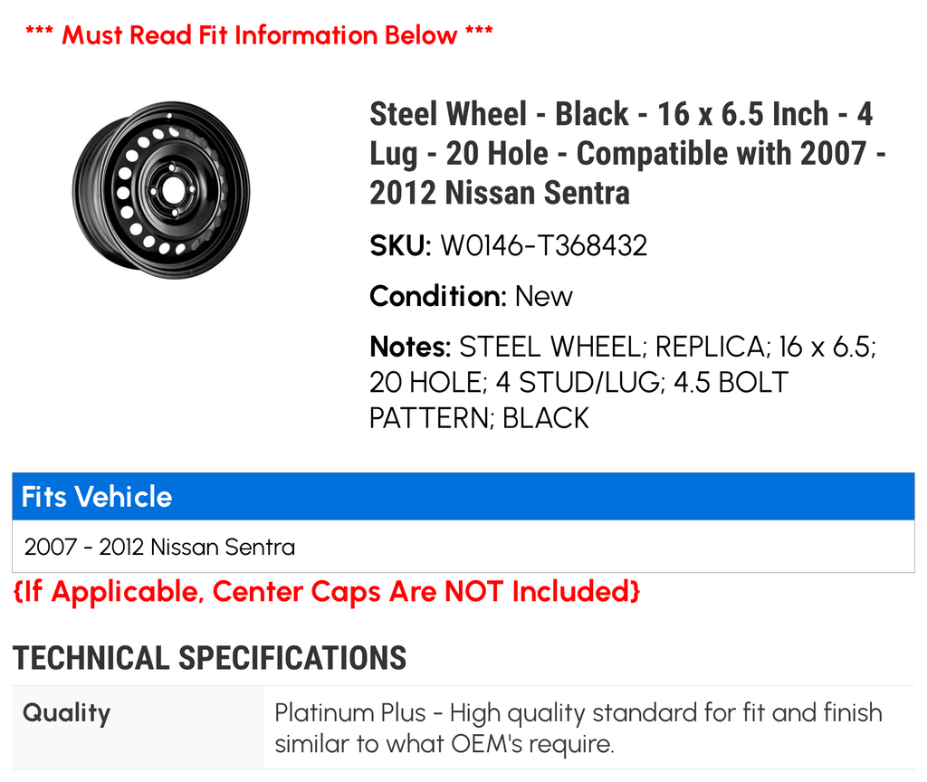 Steel Wheel - Black - 16 x 6.5 Inch - 4 Lug - 20 Hole - Compatible with 2007 - 2012 Nissan Sentra 2008 2009 2010 2011