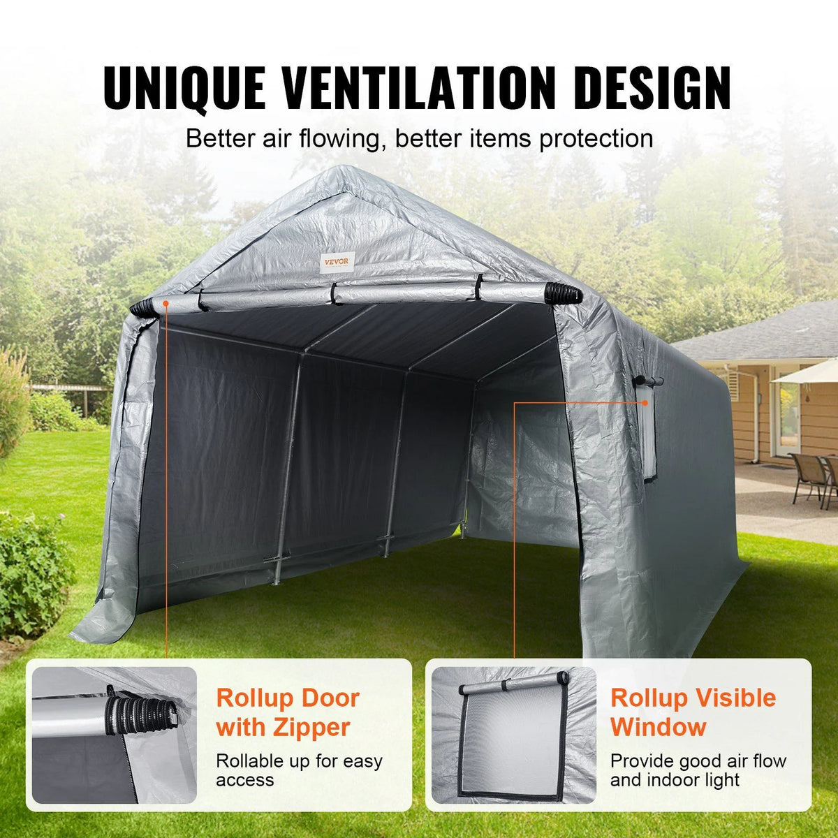 10x15x8ft Heavy Duty Portable Garage Tent Canopy Carport with Roll-up Zipper Door & Ventilated Windows for Car, Motorcycle, Bike, Outdoor Storage