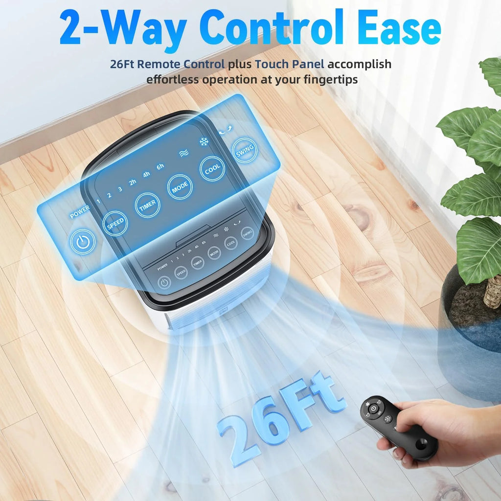 Portable Windowless Air Conditioner with 6 Ice Packs, 12H Auto-Off Smart Timer, 26Ft Remote Control, Top-Fill Dual Tank Evaporative Cooler, 3-Speed Cooling & 70 Auto-Swing for Indoor Use