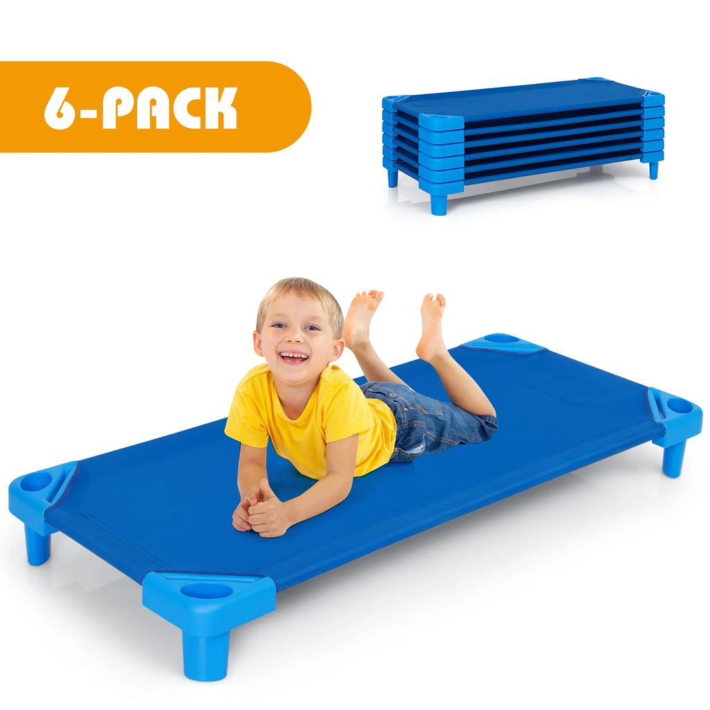 Costway Pack of 6 Kids Stackable Naptime Cot 52'' L x 23'' W Daycare Rest Mat Blue