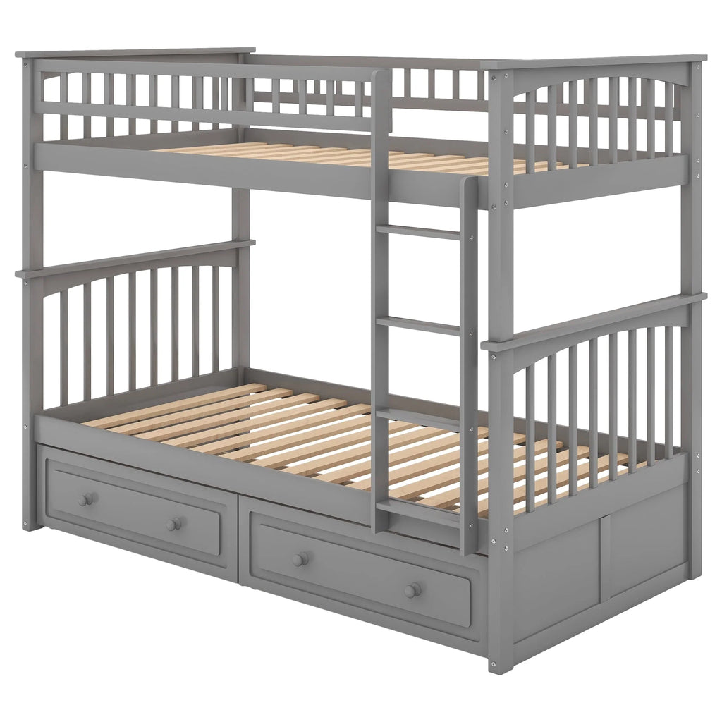 Euroco Pine Wood Bunk Bed with Storage 2 Drawers, Twin-over-Twin Bunk Bed with Safety Rail and Ladder for Kids, Conveted into 2 Single Beds, Sapce-Saving Design, Gray