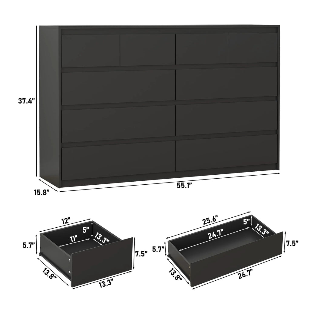 ChVans Black 9 Drawers Dresser with Charging Station, 63" Long Modern Dresser with 9 Drawers for Bedroom, Large Wood Chest of Drawers Handle Free, Dresser for Bedroom, Living Room, Hallway