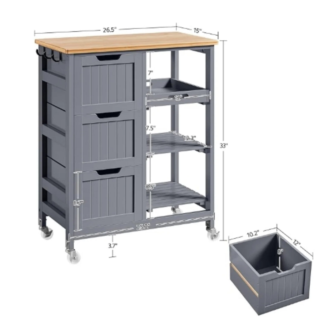 Kitchen Island Cart on Wheels with Storage, Rolling Bar Cart with Solid Wood Top and 3 Drawers, 3 Removable Shelves, Serving Utility Carts for Dining Room/Small Kitchen, Dark Gray