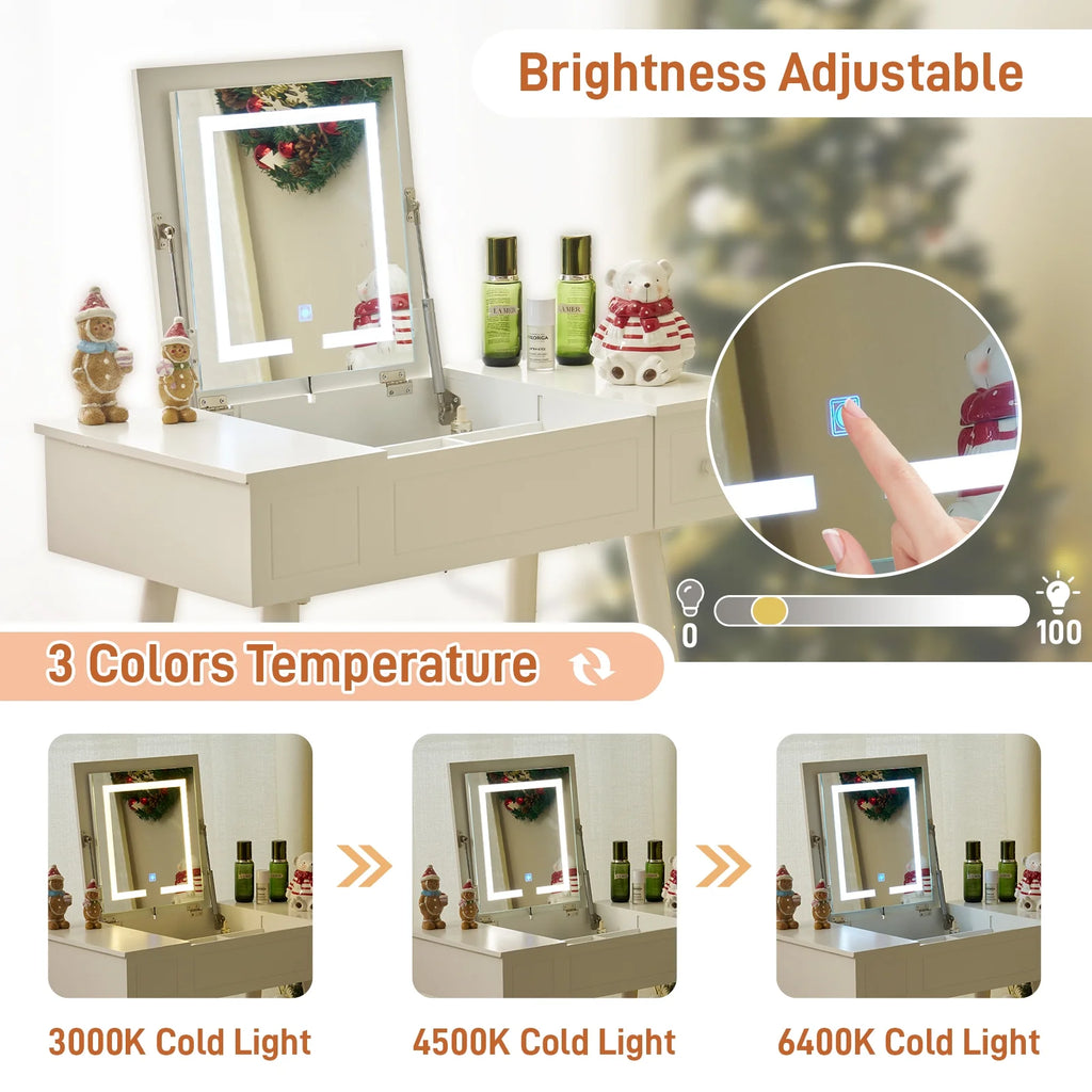 Ktaxon Vanity Set,Flip-top Mirror Dressing Table Makeup Vanity Table Writing Desk with 2 Drawers and Stool, White