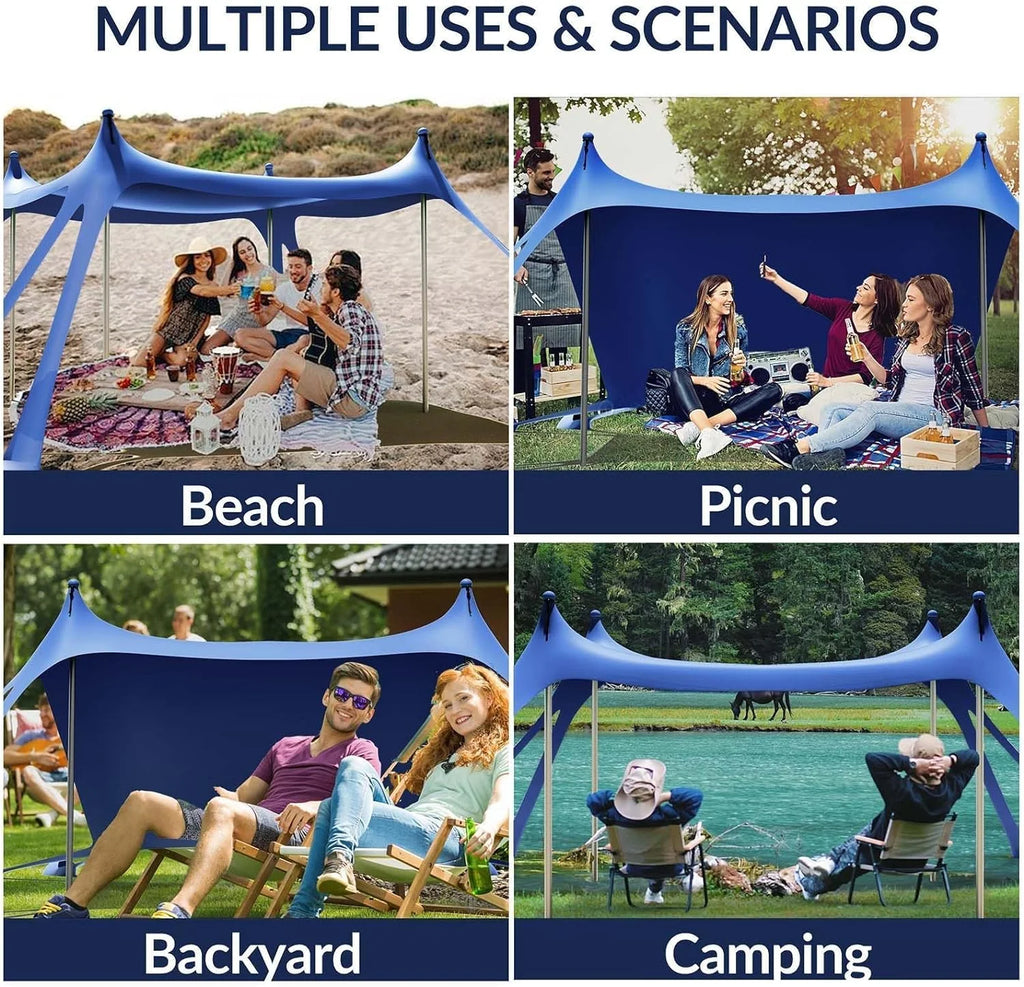 Beach Tent Canopy with 8 Sandbags 4 Aluminum Poles, Pop Up Portable Camping Sun Shelter, Easy Set Up with 2 Sand Shovel, Ground Pegs, Carrying Bag for Outdoor Beach,Picnic, Fishing