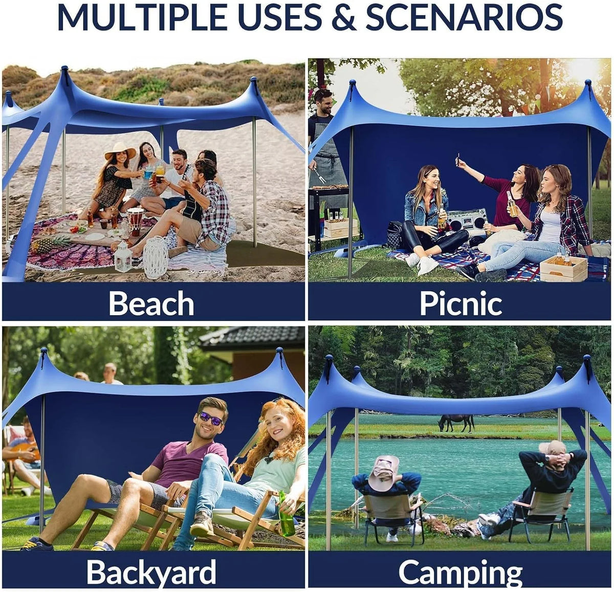 Beach Tent Canopy with 8 Sandbags 4 Aluminum Poles, Pop Up Portable Camping Sun Shelter, Easy Set Up with 2 Sand Shovel, Ground Pegs, Carrying Bag for Outdoor Beach,Picnic, Fishing