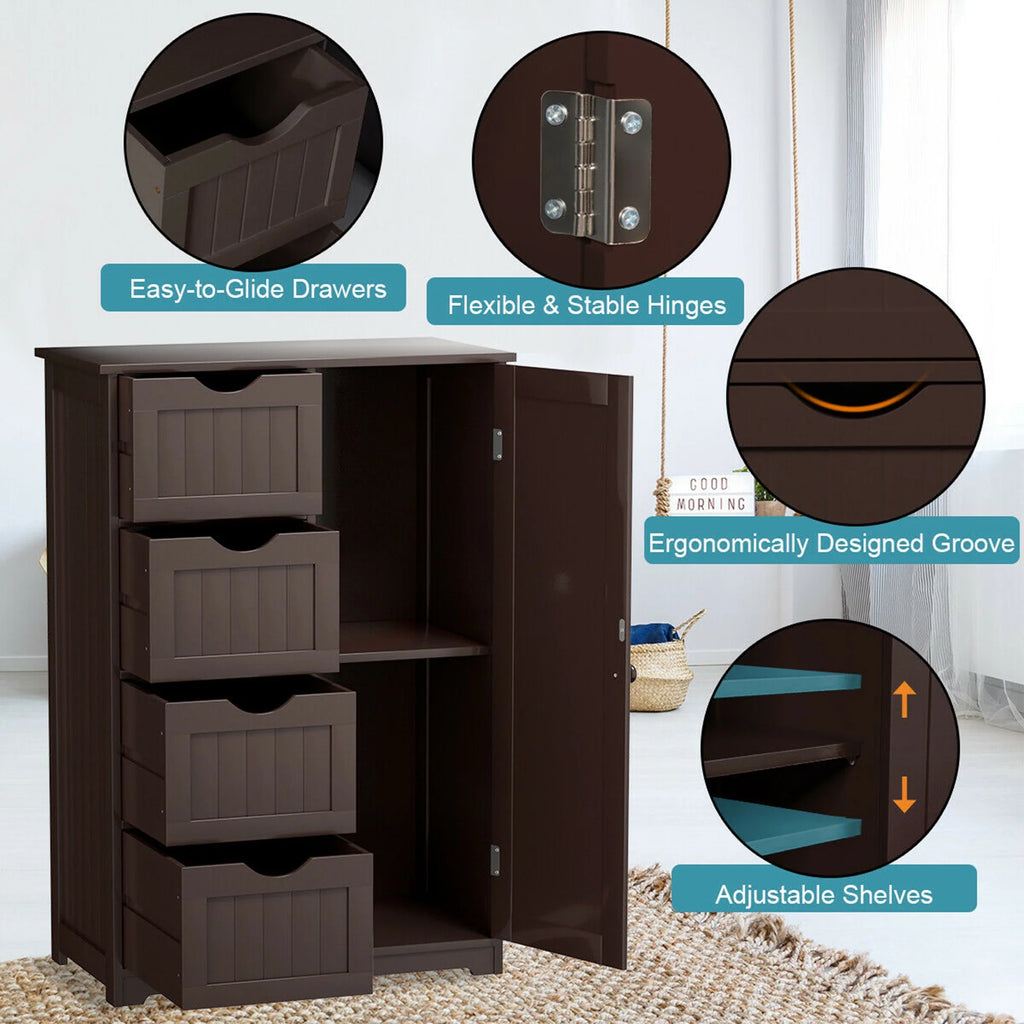 Gymax Bathroom Floor Cabinet Storage Organizer Cupboard w/ 4 Drawers Adjustable Shelf Grey