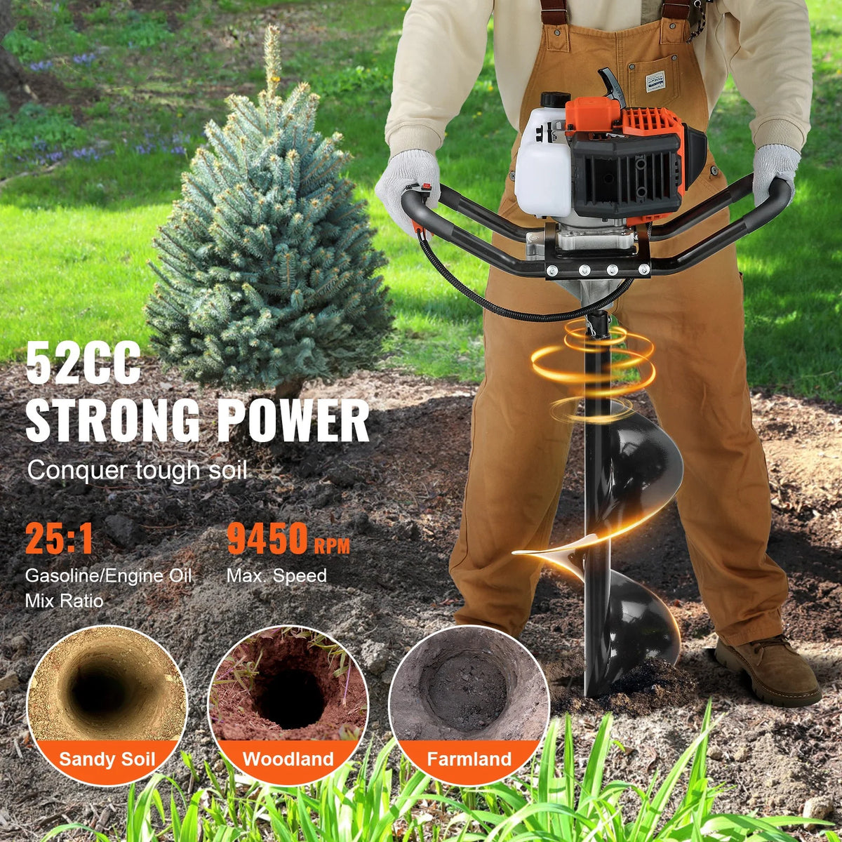 BENTISM Post Hole Digger 52cc Gas Powered Earth Digger 2 Auger Drill Bit 6" & 10"