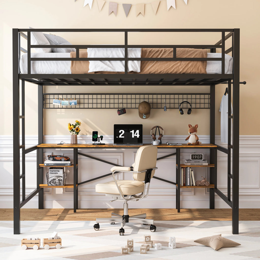 Twin Loft Bed with Desk, UHOMEPRO Metal Loft Bed with LED Lights, Charge Station, DIY Mesh, Clothes Rail, 4 Storage Shelves, Safety Rails and 2 Ladders, Loft Bed for Teen Adult, Black