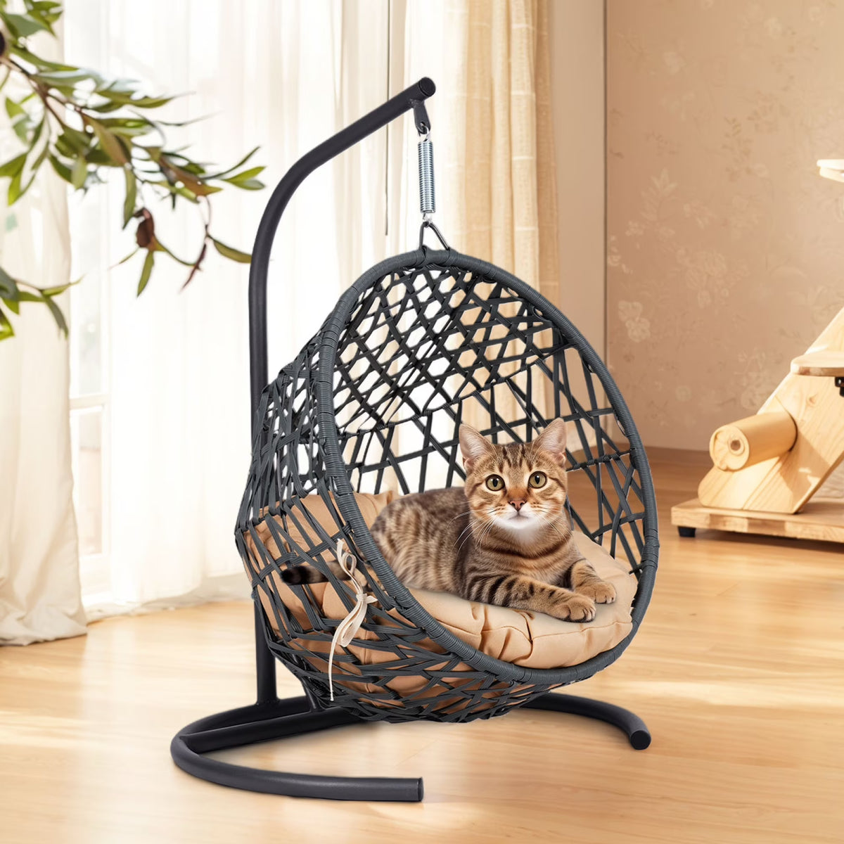 Cat Swing Bed with Stand & Cushion, Cat Egg Chair with Rattan Wicker Appearance, Indoor Hanging Swinging Cat Bed