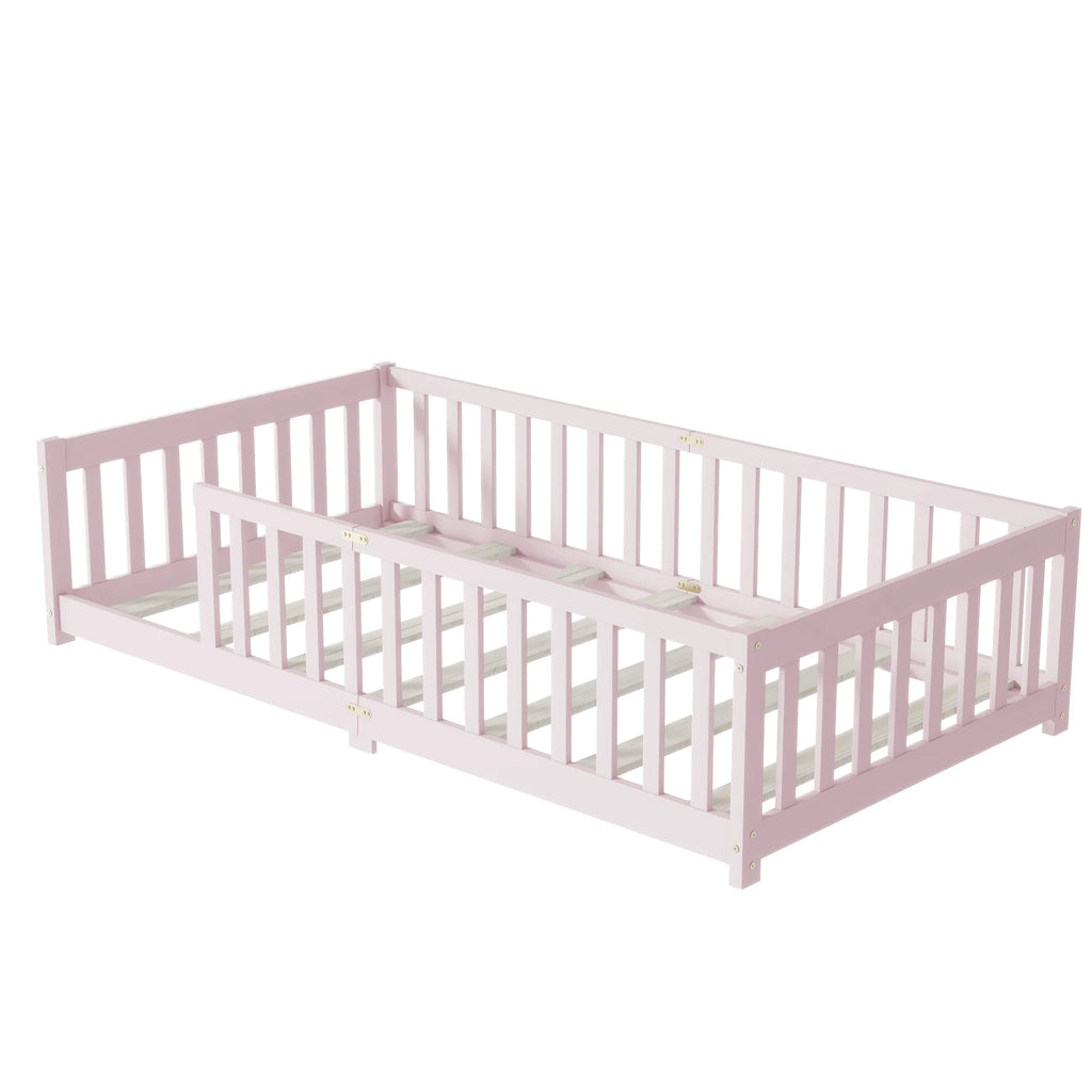 Miniyam Wooden Twin Size Floor Bed with Safety Fence for Kids, Natural