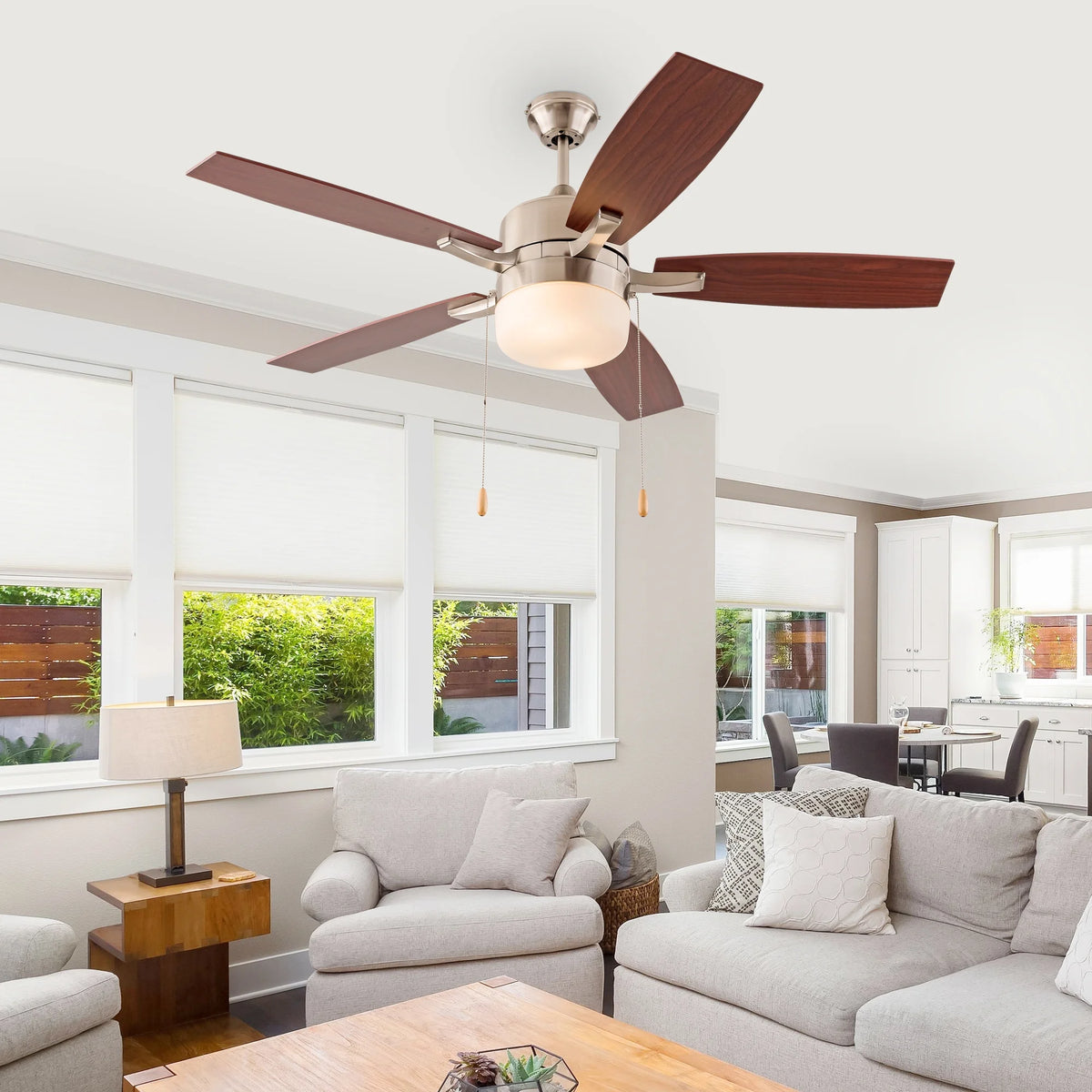 Simpol 52" Prominent Indoor Ceiling Fan with LED Light, Pull Chain and Remote Control, Reversible AC Motor, Walnut/Silver Reversible Blades and Satin Nickel Finish