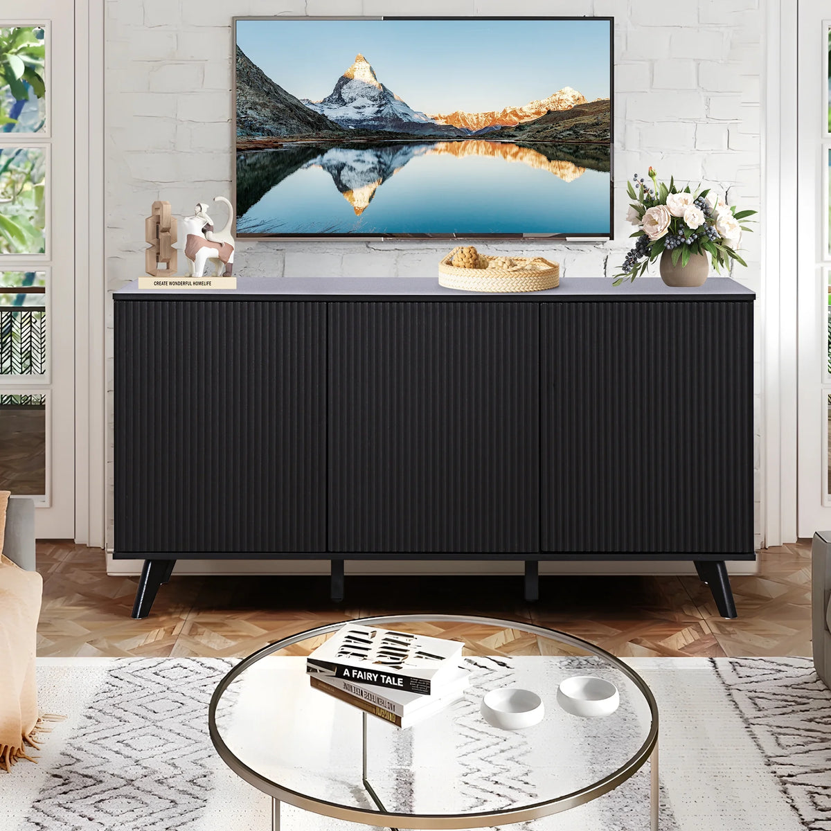 Wirrytor Sideboard Storage Cabinet with Doors and Shelves, Buffet Cabinet with Storage, Credenza Storage Cabinet for Kitchen, Wooden Fluted Cabinet, Under TV Cabinet with Storage - Black