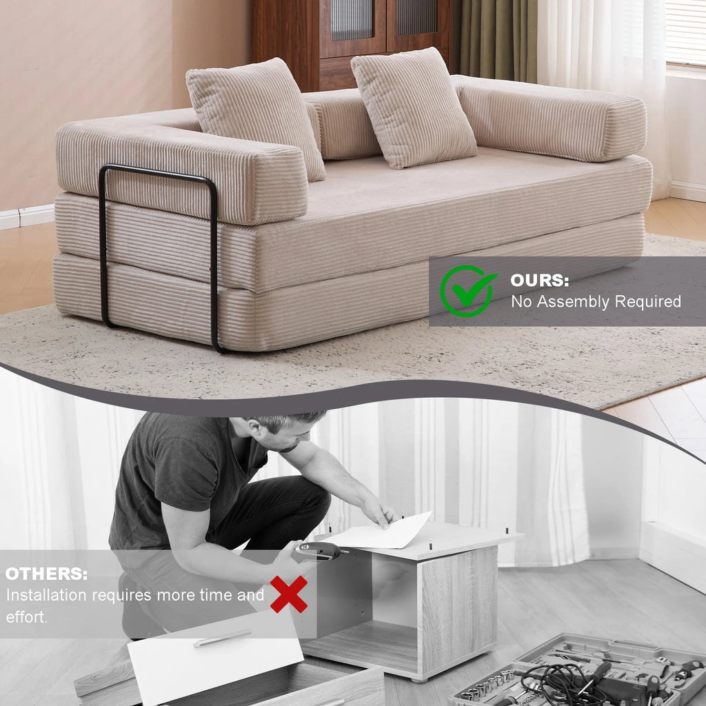 Taicans Convertible Floor Sofa Bed - 3 Seats Foldable Corduroy Futon Couch w/Pillow Support,Space-Saving Guest Bed for Living Room,Dorm,No Assembly Compressible Foam Mattress (Gray,76.7Inch L)