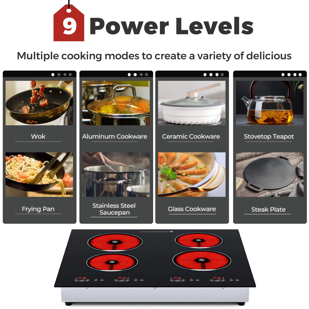 Advwin  4 Burner Electric Stove Top 24 Inch Built-in Electric Stove Top,6000W Electric Ceramic Cooktop with 4H Timer, Kid Safety Lock and Knob Control, 9 Heating Level,220v(No Plug)