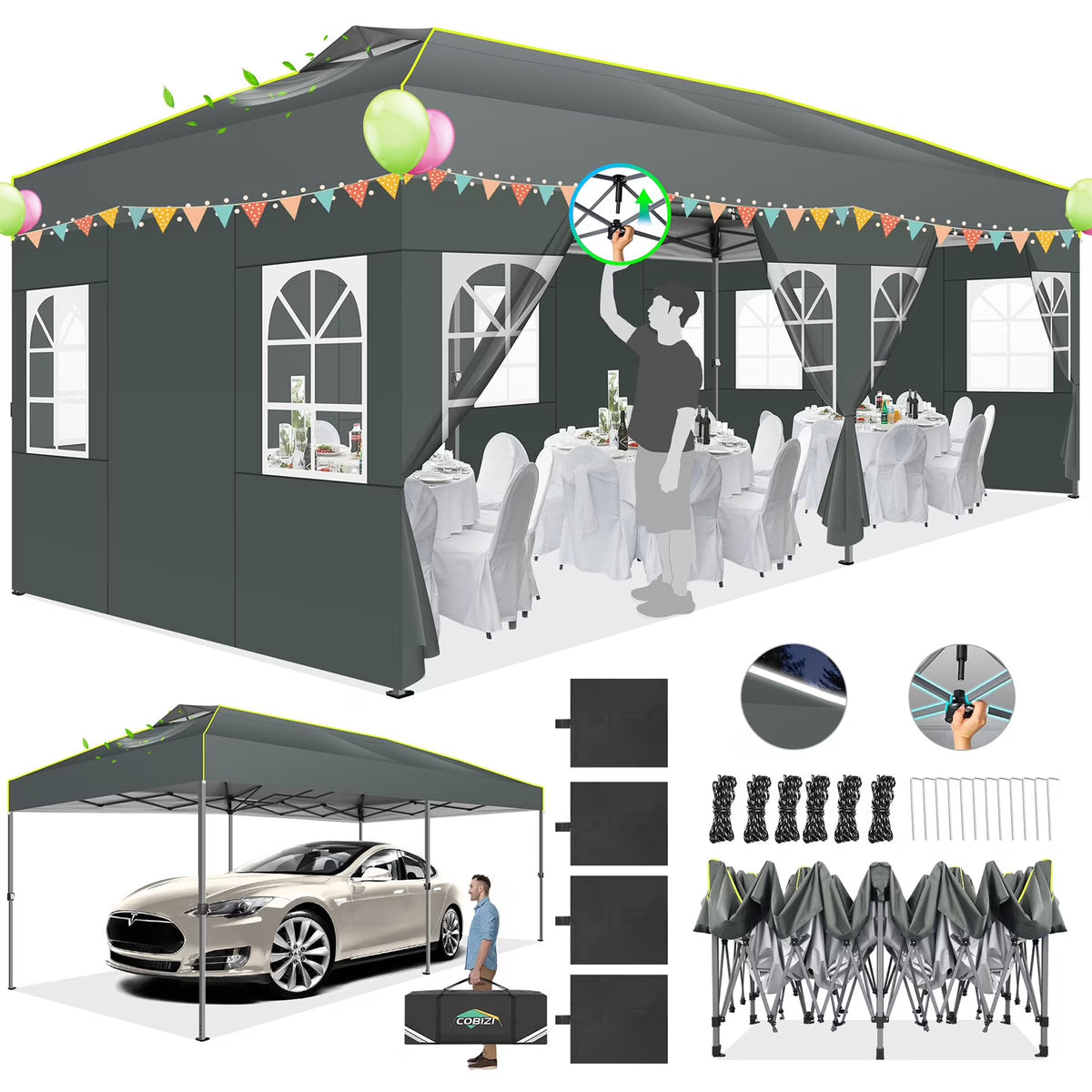 COBIZI 10x10 EZ Pop up Canopy Gazebo with Sidewalls,Pop up Canopy Tent Instant Shelter for Outdoor Party Camping Backyard Beach with Air Vent ,Carry Bag,Stakes,Ropes,Black