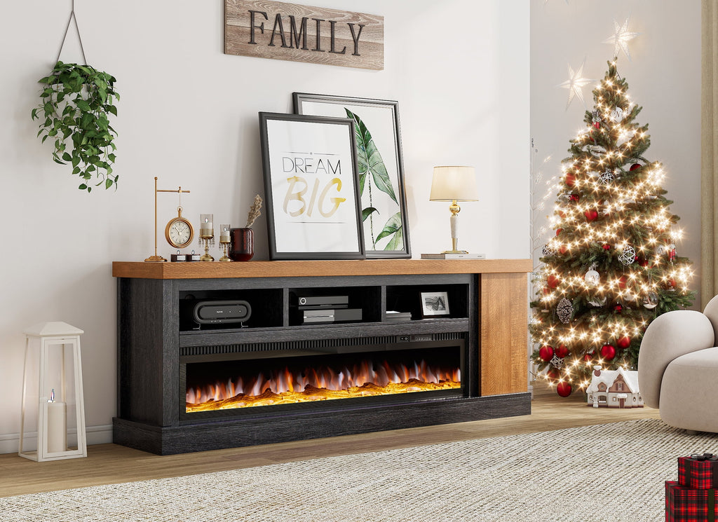Merluxy 75" Fireplace TV Stand for TVs up to 85", Black & Brown
