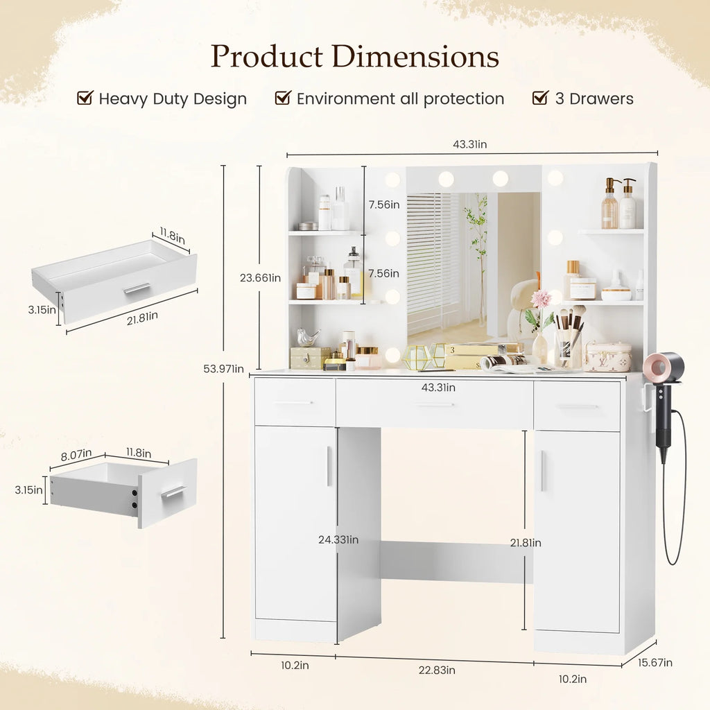 MCQ Dressing Table with Mirror and Light, Adjustable Brightness Dressing Table with Drawers and Storage Shelves, White