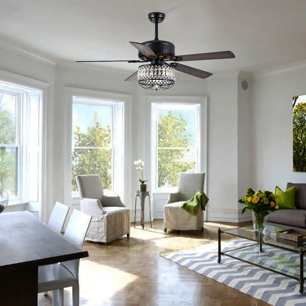 Kviflon 52" Farmhouse Ceiling Fan with Lights & Remote, Crystal Chandelier, Wood Blades, Quiet Motor, 6-Speed, Timer, Modern Lighting for Living Room, Bedroom, Dining Room, Chrome Finish