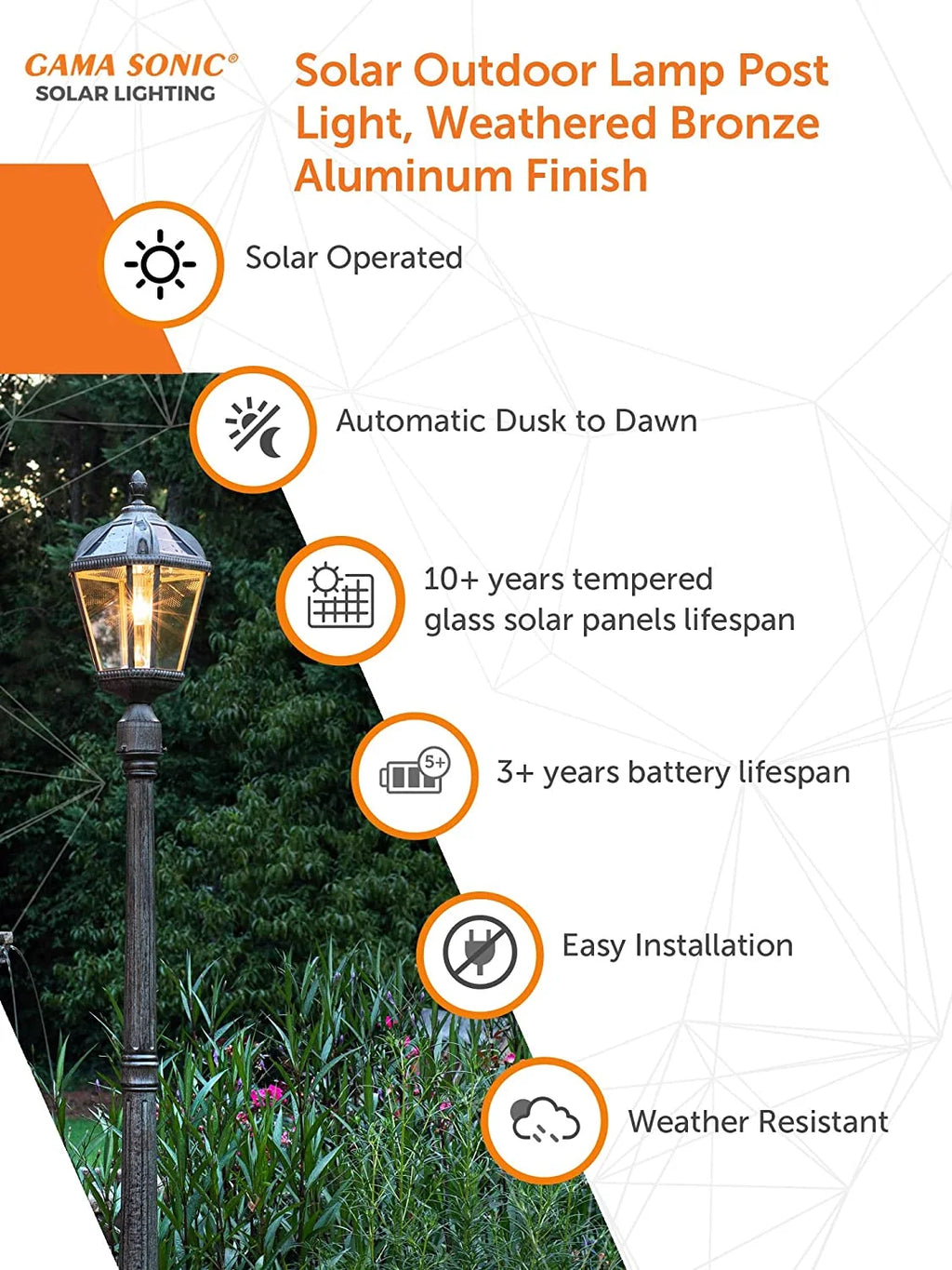 Gama Sonic Solar Outdoor Lamp Post Light, Black Cast Aluminum and Beveled Glass Panels, 10-Year Royal Bulb, Warm White LED with Omni-Direction Reflector, 87-inch Height, 98B001