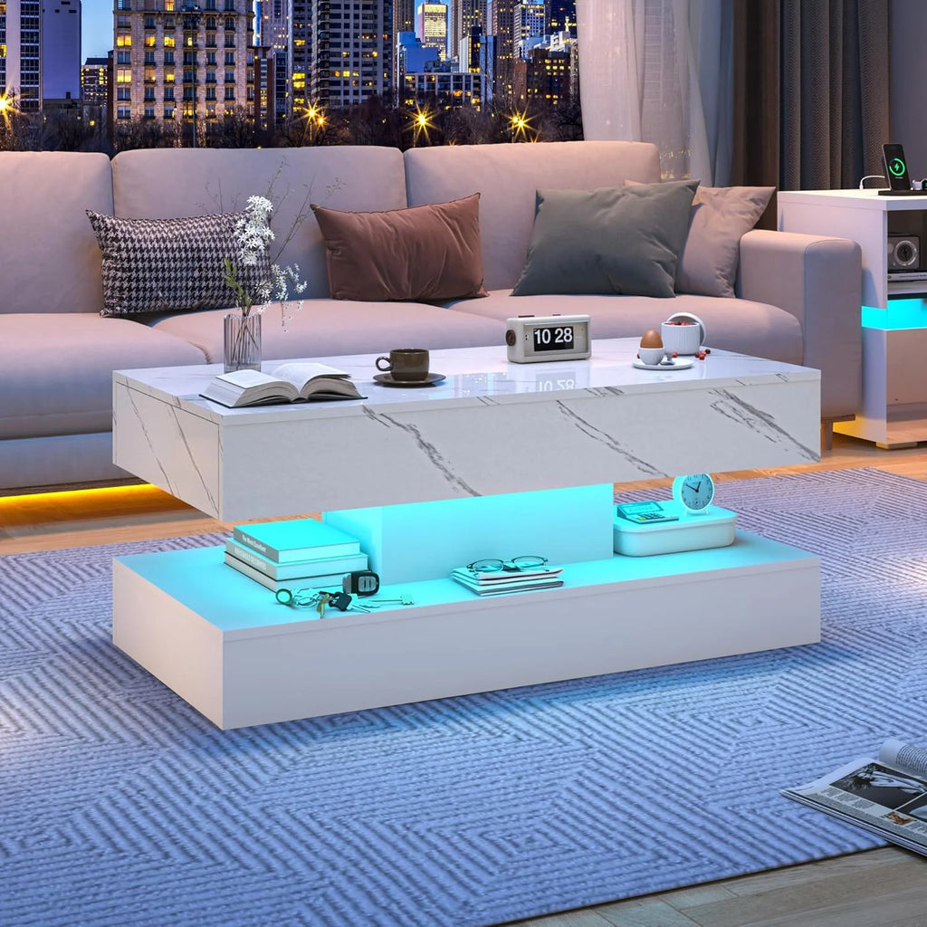 ChVans Large Black LED Coffee Table with 2 Storage Drawers, Modern High Gloss Coffee Table w/20 Colors LED Lights/APP Control, 2 Tiers Rectangle Large Living Room Furniture w/Marbling Print(47.3")