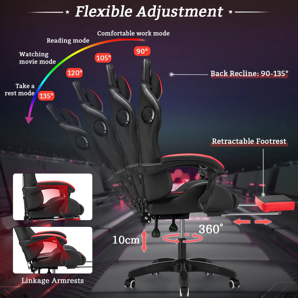 Hoffree Gaming Chair with Bluetooth Speakers and Footrest Massage Office Chair with LED Lights Ergonomic Game Chair High Back with Lumbar Support and Headrest Adjustable Swivel for Adults 300lb