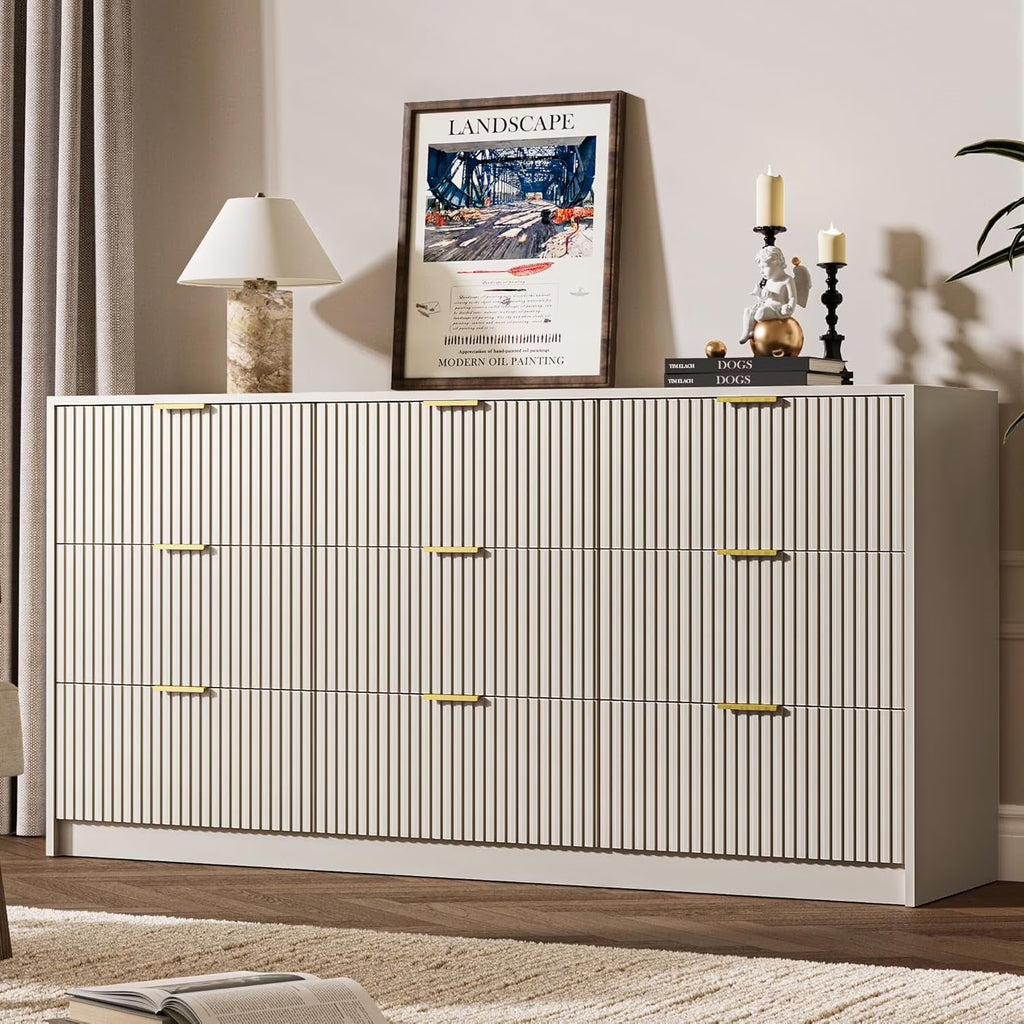 Furniway Fluted Large 9-Drawer Black Dresser