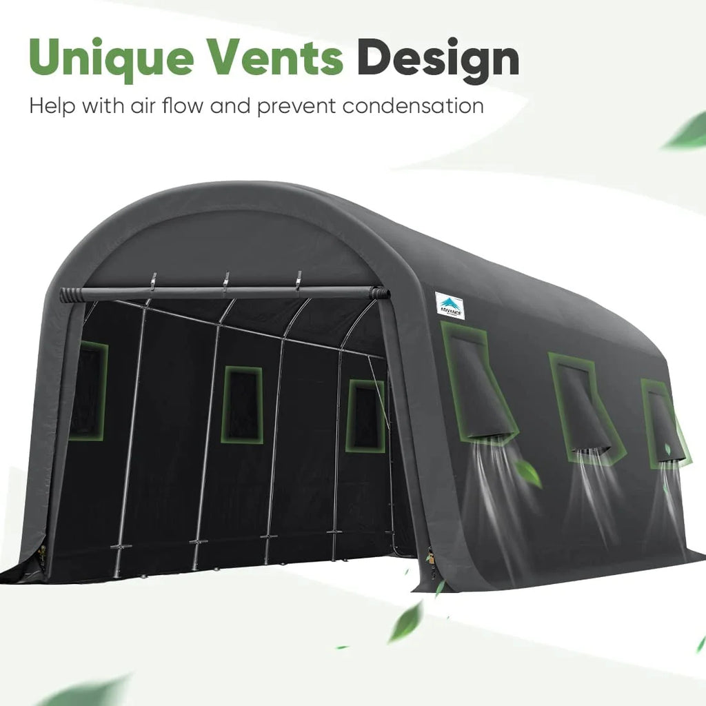 ADVANCE OUTDOOR 10x15 ft Shelter Storage Shed Steel Metal Round Roof Anti-Snow Portable Garage Carport for Motorcycle, Boat, or Garden Tools with 2 Roll up Doors & Vents, Gray